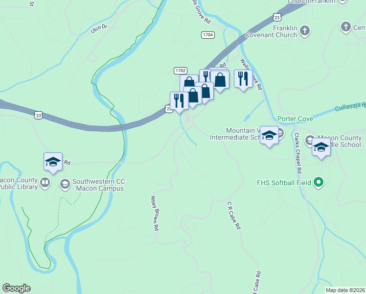 map of restaurants, bars, coffee shops, grocery stores, and more near 14 Windsong Lane in Franklin