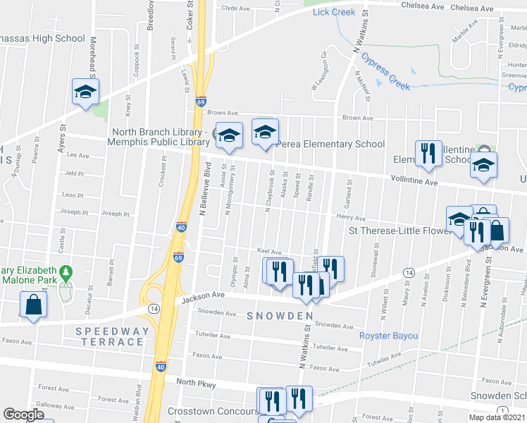 map of restaurants, bars, coffee shops, grocery stores, and more near 869 North Claybrook Street in Memphis