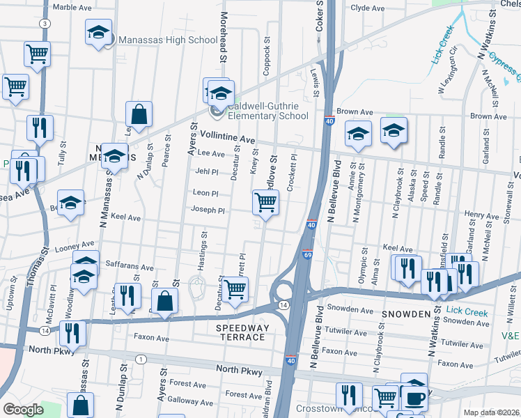 map of restaurants, bars, coffee shops, grocery stores, and more near 849 Breedlove Street in Memphis