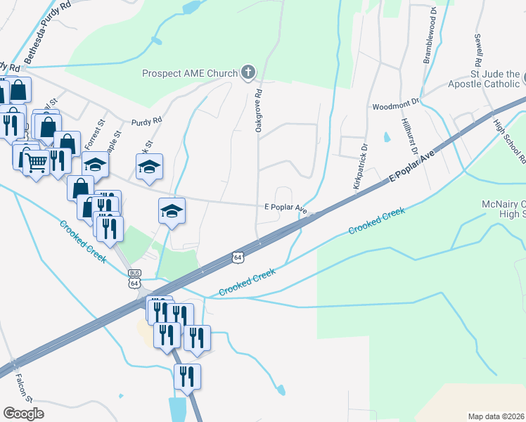 map of restaurants, bars, coffee shops, grocery stores, and more near 251 Oakgrove Road in Selmer