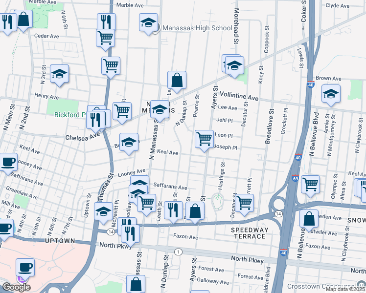 map of restaurants, bars, coffee shops, grocery stores, and more near 816 North Dunlap Street in Memphis