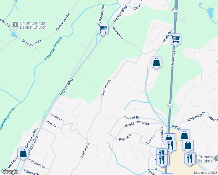 map of restaurants, bars, coffee shops, grocery stores, and more near 5938 Crestview Drive in Chattanooga
