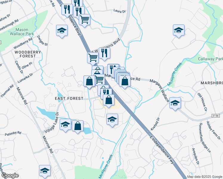 map of restaurants, bars, coffee shops, grocery stores, and more near E Independence Blvd & Village Lake Dr in Charlotte