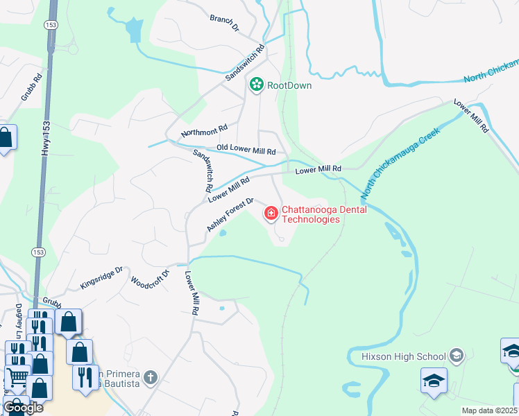 map of restaurants, bars, coffee shops, grocery stores, and more near 742 Ashley Forest Drive in Chattanooga