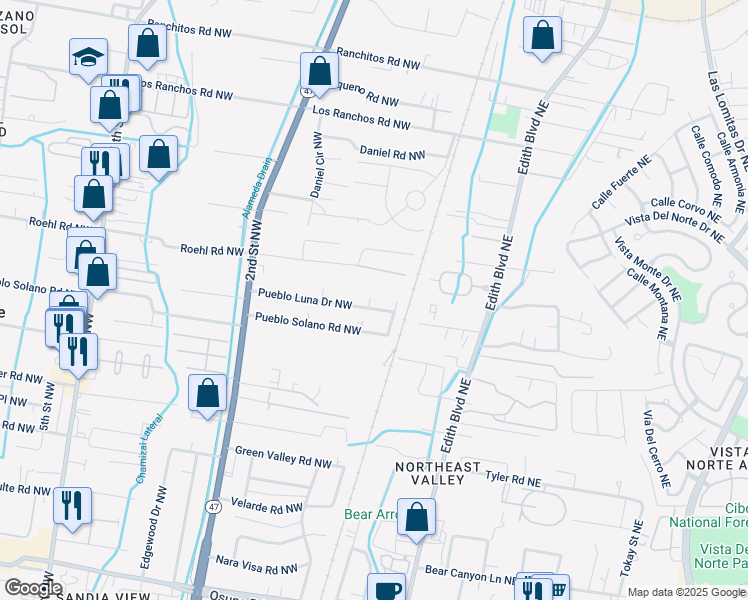 map of restaurants, bars, coffee shops, grocery stores, and more near 111 Pueblo Luna Drive Northwest in Albuquerque