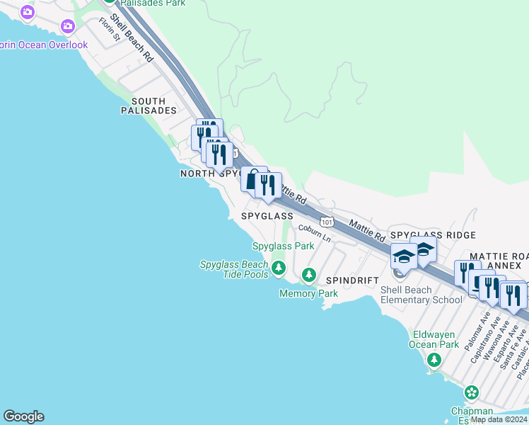 map of restaurants, bars, coffee shops, grocery stores, and more near 2665 Shell Beach Road in Pismo Beach
