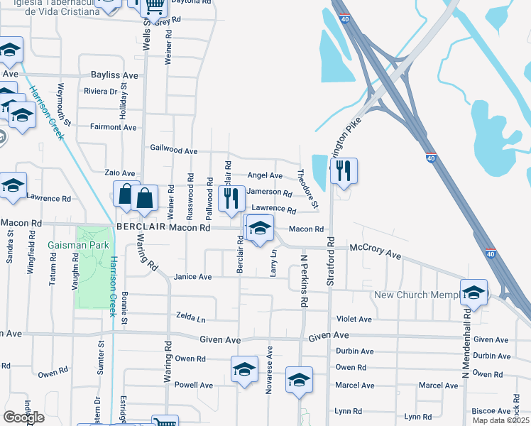 map of restaurants, bars, coffee shops, grocery stores, and more near 4511 Lawrence Road in Memphis