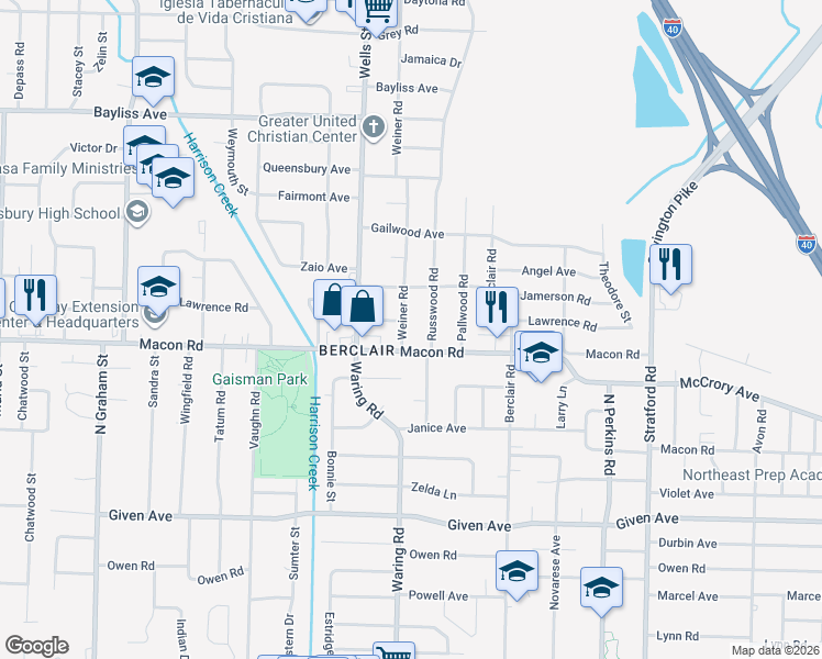 map of restaurants, bars, coffee shops, grocery stores, and more near 1157 Russwood Road in Memphis
