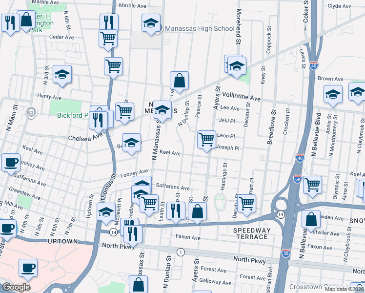 map of restaurants, bars, coffee shops, grocery stores, and more near 816 North Dunlap Street in Memphis