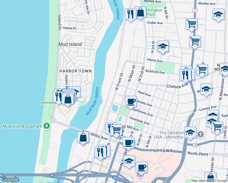 map of restaurants, bars, coffee shops, grocery stores, and more near 47 Keel Avenue in Memphis