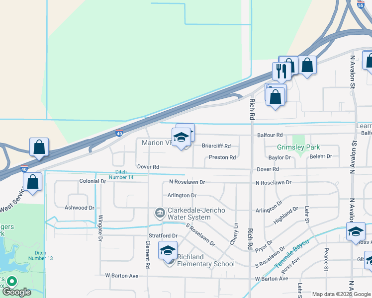 map of restaurants, bars, coffee shops, grocery stores, and more near 1402 Crestmere Street in West Memphis