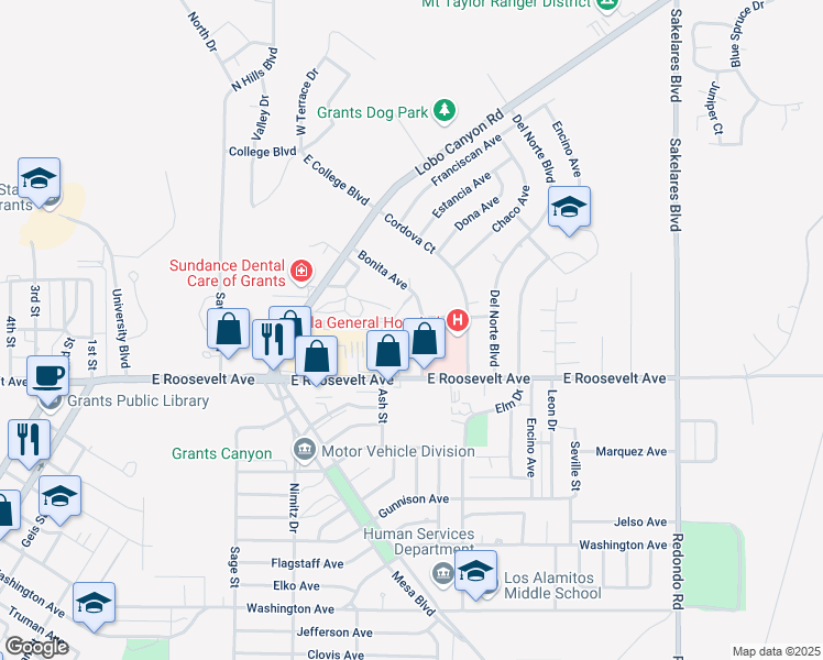 map of restaurants, bars, coffee shops, grocery stores, and more near 1217 Bonita Street in Grants