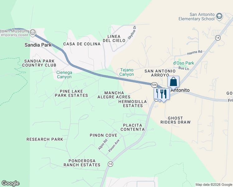 map of restaurants, bars, coffee shops, grocery stores, and more near 11 Calle Del Caballo in Cedar Crest