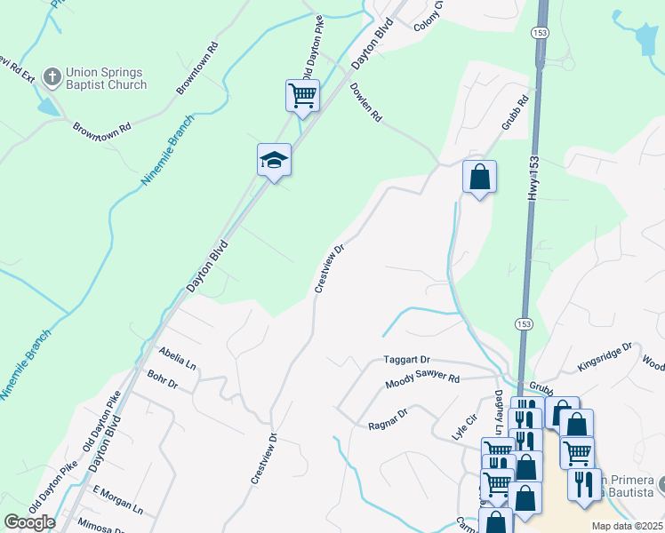 map of restaurants, bars, coffee shops, grocery stores, and more near 5938 Crestview Drive in Chattanooga