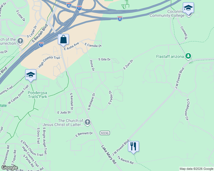 map of restaurants, bars, coffee shops, grocery stores, and more near 3720 South Yaqui Drive in Flagstaff