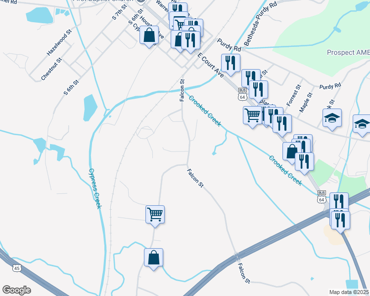 map of restaurants, bars, coffee shops, grocery stores, and more near 43 Falcon Street in Selmer