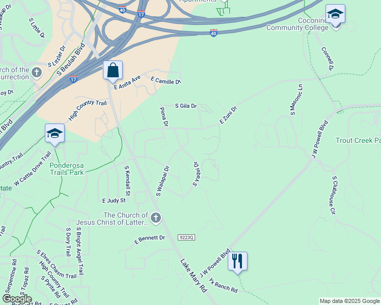map of restaurants, bars, coffee shops, grocery stores, and more near 3720 South Yaqui Drive in Flagstaff