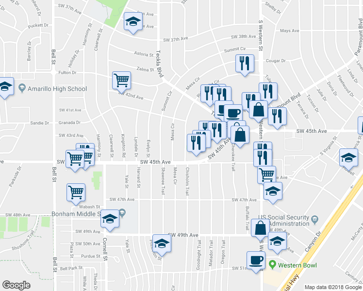 map of restaurants, bars, coffee shops, grocery stores, and more near 4460 Ridgecrest Circle in Amarillo