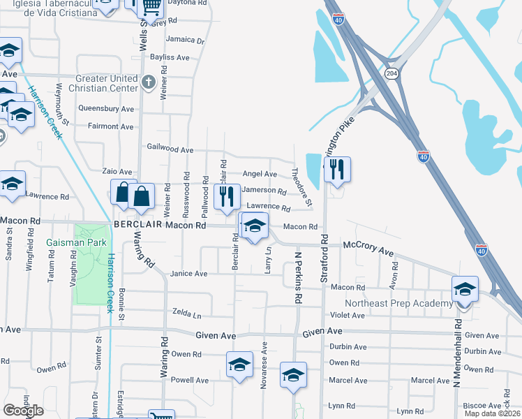 map of restaurants, bars, coffee shops, grocery stores, and more near 4523 Lawrence Road in Memphis