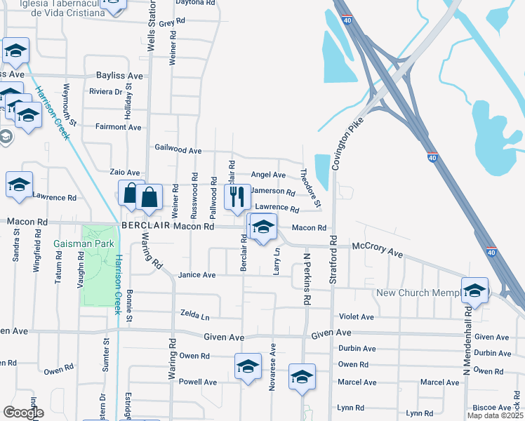 map of restaurants, bars, coffee shops, grocery stores, and more near 4511 Lawrence Road in Memphis