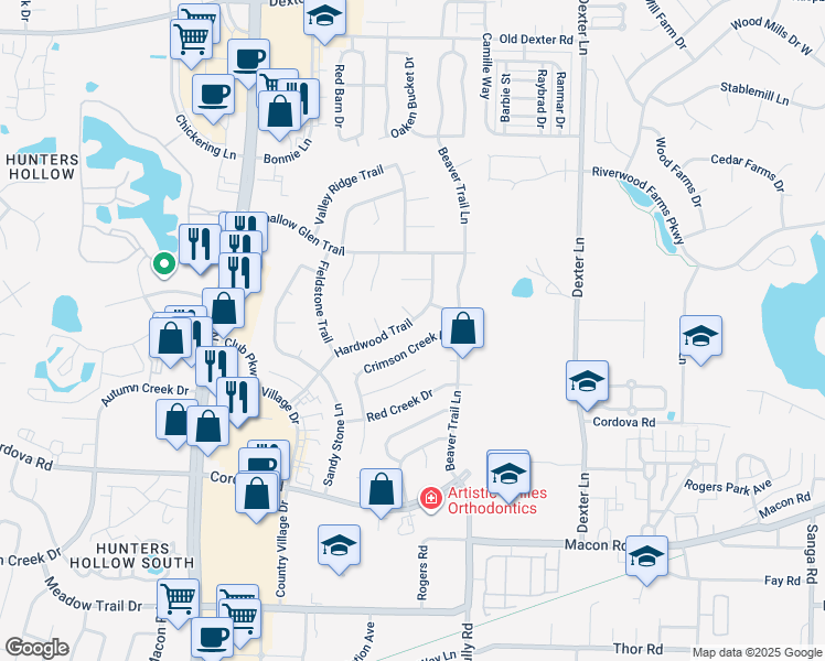 map of restaurants, bars, coffee shops, grocery stores, and more near 1384 Hardwood Trail in Memphis