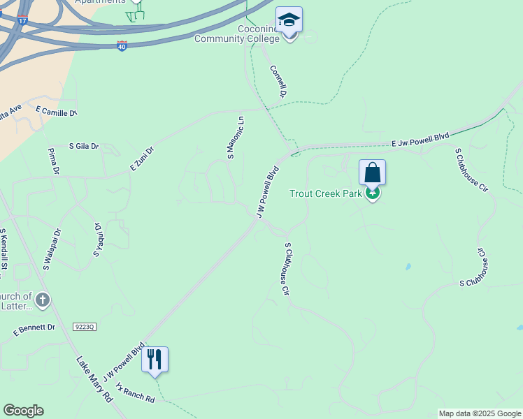map of restaurants, bars, coffee shops, grocery stores, and more near East J. W. Powell Boulevard in Flagstaff