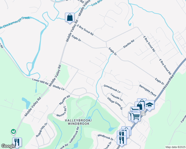 map of restaurants, bars, coffee shops, grocery stores, and more near 6401 Camdendown Lane in Chattanooga
