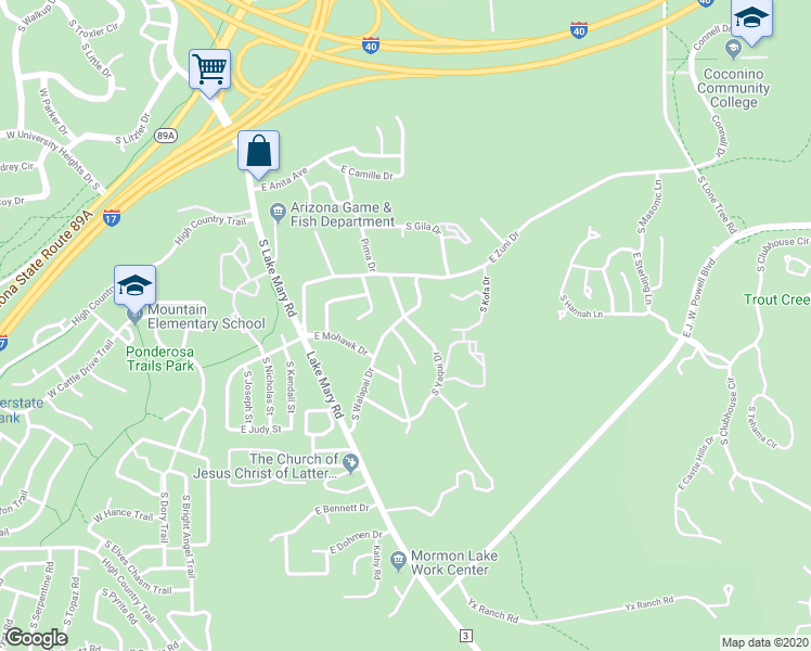 map of restaurants, bars, coffee shops, grocery stores, and more near 3705 South Yaqui Drive in Flagstaff