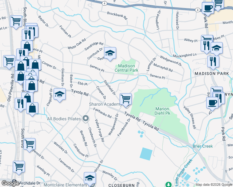 map of restaurants, bars, coffee shops, grocery stores, and more near 501 Prentice Place in Charlotte
