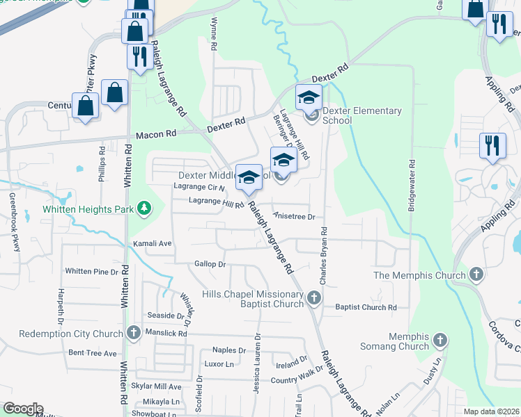 map of restaurants, bars, coffee shops, grocery stores, and more near 7010 Raleigh Lagrange Road in Shelby County