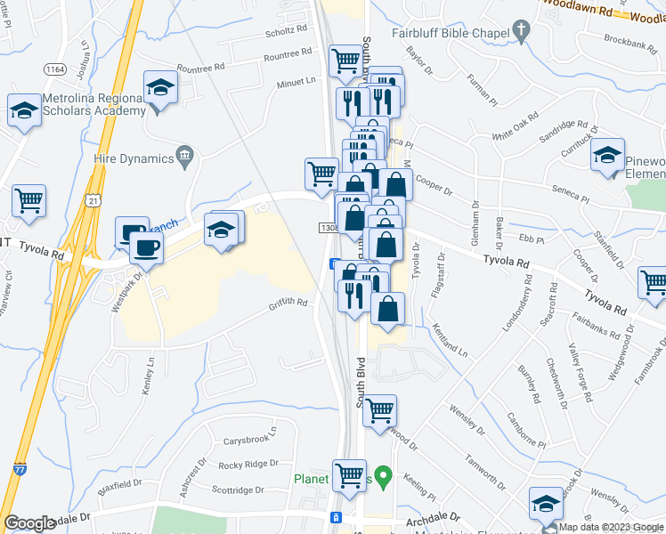 map of restaurants, bars, coffee shops, grocery stores, and more near 1165-1199 Grover Road in Charlotte