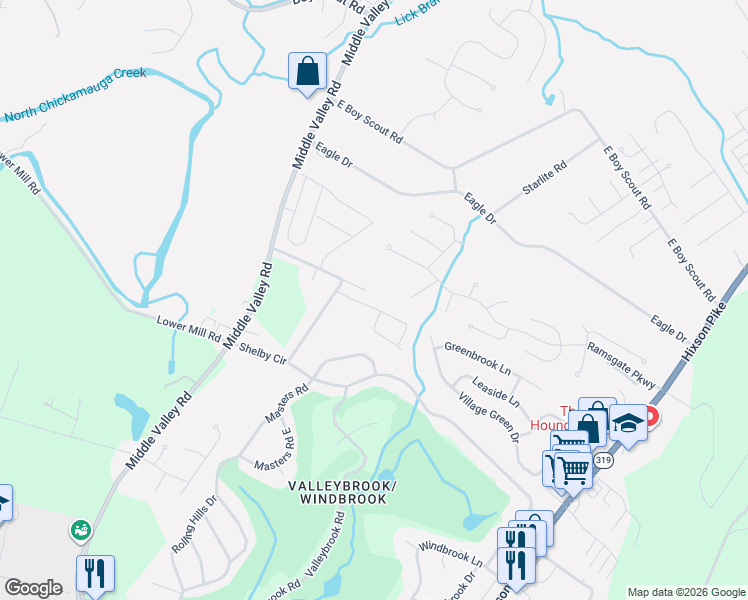 map of restaurants, bars, coffee shops, grocery stores, and more near 1613 Brook Manor Drive in Chattanooga