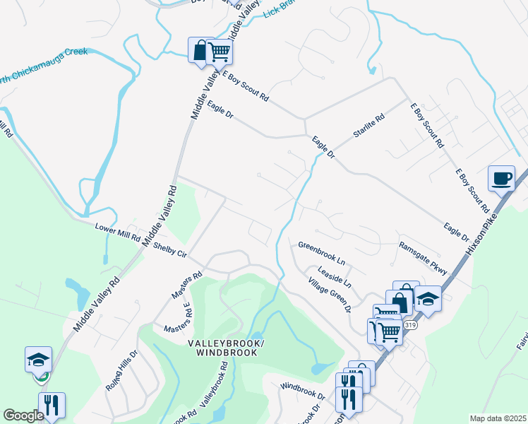 map of restaurants, bars, coffee shops, grocery stores, and more near 6401 Camdendown Lane in Chattanooga