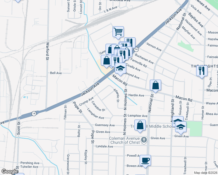 map of restaurants, bars, coffee shops, grocery stores, and more near 3209 Crump Avenue in Memphis