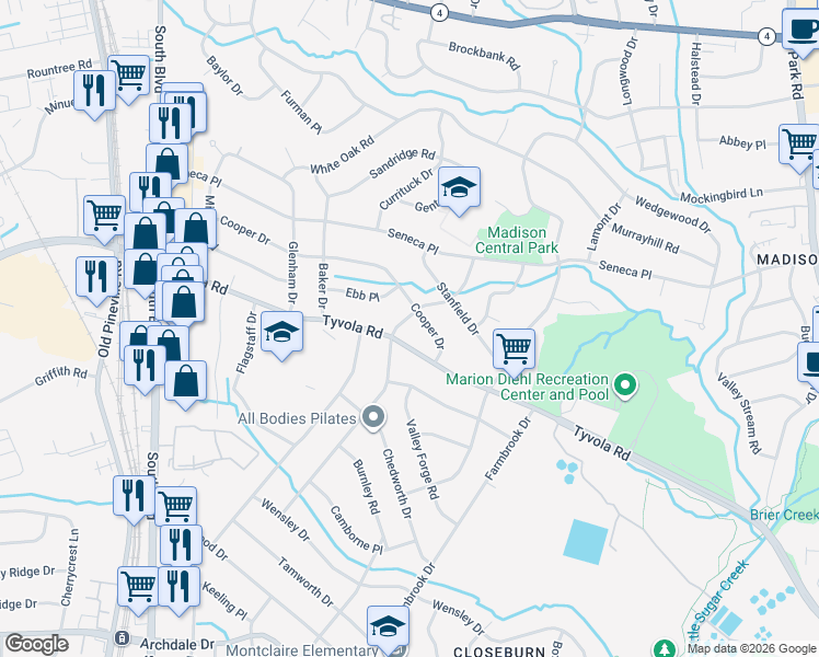 map of restaurants, bars, coffee shops, grocery stores, and more near 5114 Seacroft Road in Charlotte