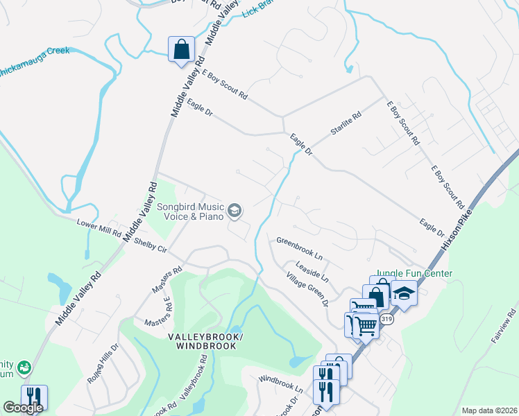 map of restaurants, bars, coffee shops, grocery stores, and more near 6411 Camdendown Lane in Middle Valley