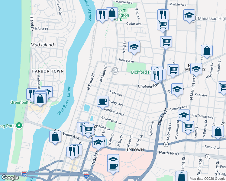 map of restaurants, bars, coffee shops, grocery stores, and more near 168 Lyceum Lane in Memphis