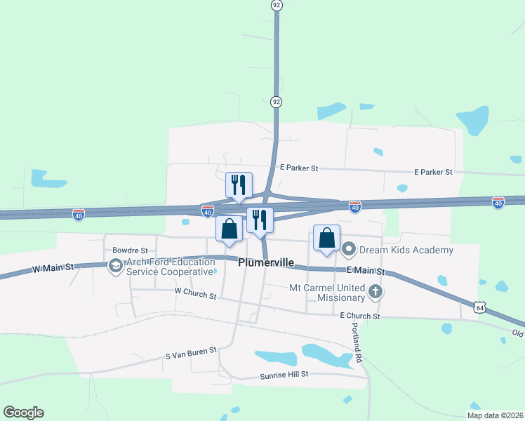 map of restaurants, bars, coffee shops, grocery stores, and more near Interstate 40 in Plumerville