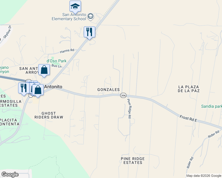 map of restaurants, bars, coffee shops, grocery stores, and more near 53 Frost Road in Sandia Park