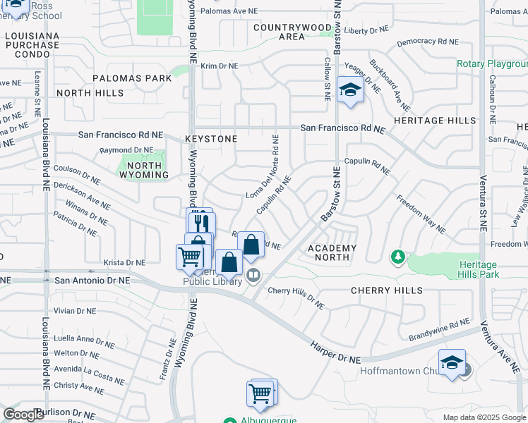 map of restaurants, bars, coffee shops, grocery stores, and more near 8200 Colfax Avenue Northeast in Albuquerque