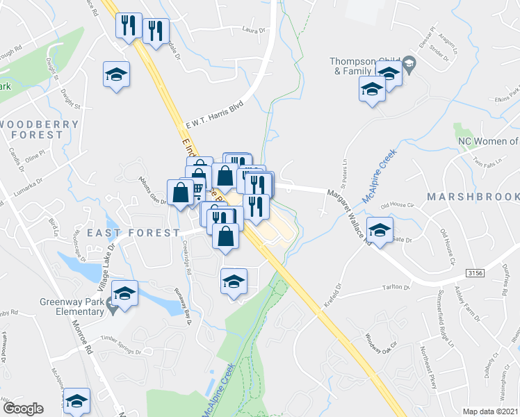 map of restaurants, bars, coffee shops, grocery stores, and more near 7323 East Independence Boulevard in Charlotte