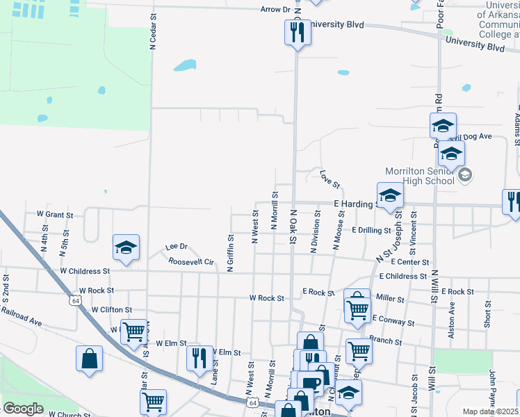 map of restaurants, bars, coffee shops, grocery stores, and more near 904 North West Street in Morrilton