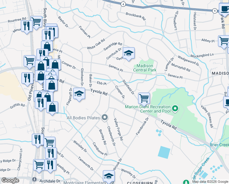 map of restaurants, bars, coffee shops, grocery stores, and more near 5114 Seacroft Road in Charlotte