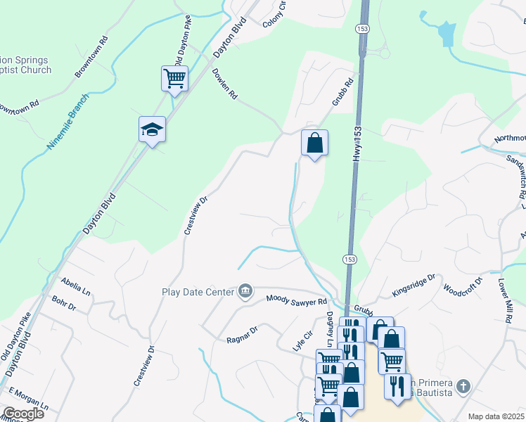 map of restaurants, bars, coffee shops, grocery stores, and more near 313 Stonewood Drive in Chattanooga
