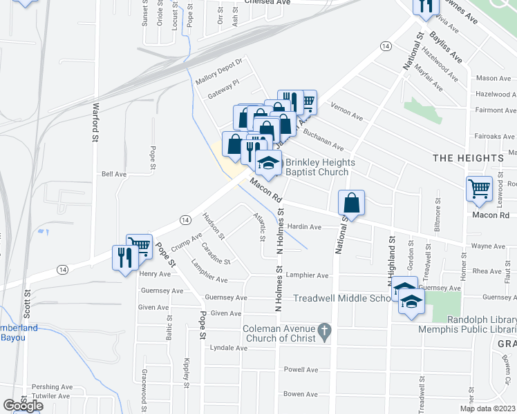 map of restaurants, bars, coffee shops, grocery stores, and more near 1112 Atlantic Street in Memphis