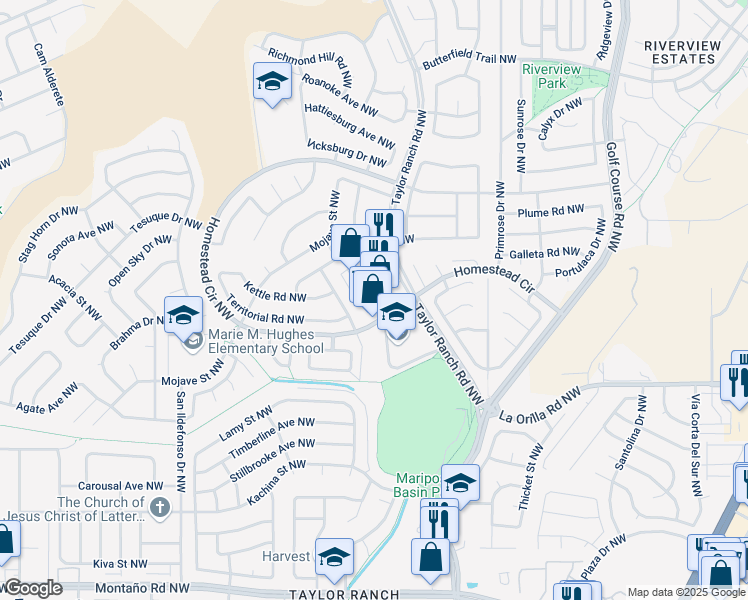 map of restaurants, bars, coffee shops, grocery stores, and more near 6965 Taylor Ranch Road Northwest in Albuquerque