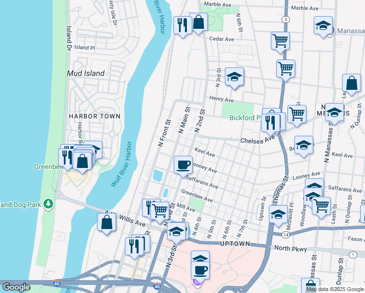 map of restaurants, bars, coffee shops, grocery stores, and more near 103 Keel Avenue in Memphis
