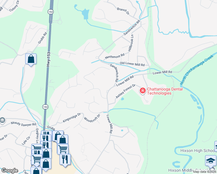 map of restaurants, bars, coffee shops, grocery stores, and more near 957 Lower Mill Road in Chattanooga