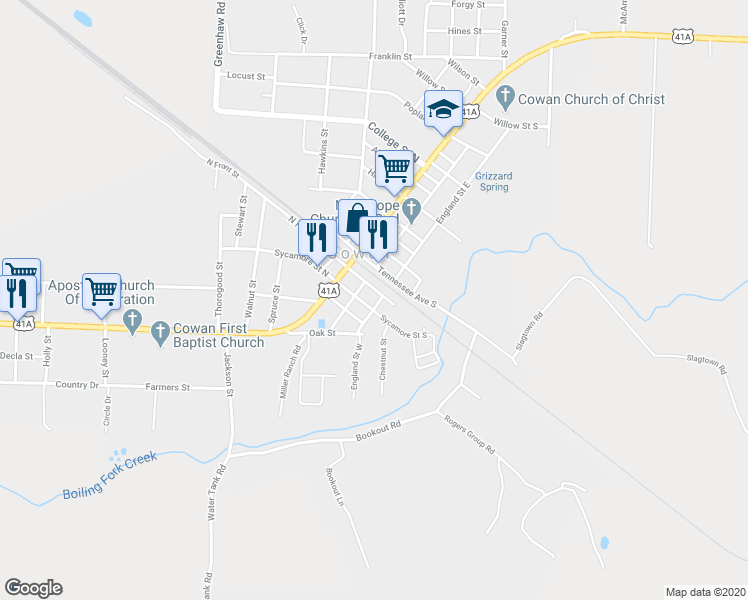 map of restaurants, bars, coffee shops, grocery stores, and more near 109 South Front Street in Cowan