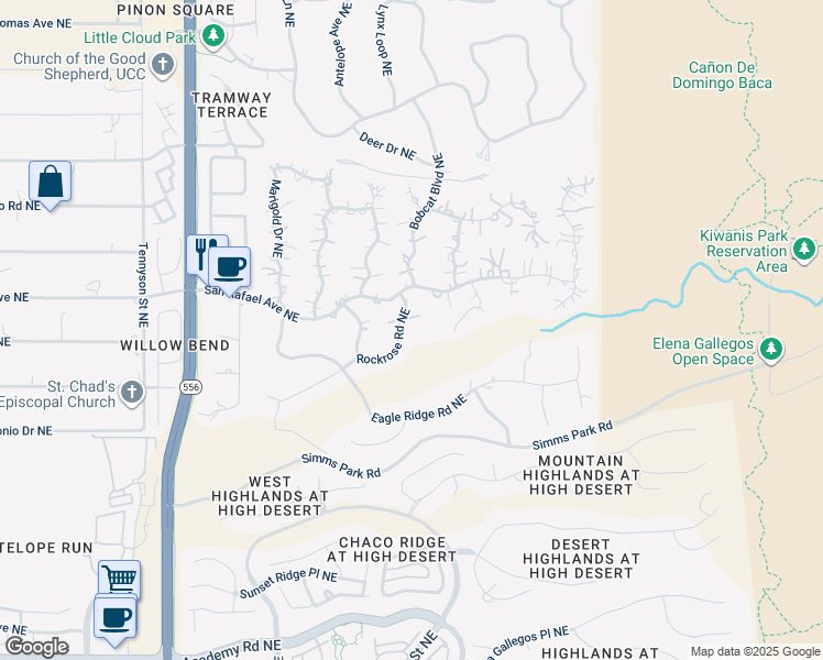map of restaurants, bars, coffee shops, grocery stores, and more near 1242 Rockrose Road Northeast in Albuquerque